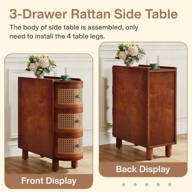 Solid Wood End Table, 3-Drawer Rattan Side Table Nightstand No Assembly Required gallery