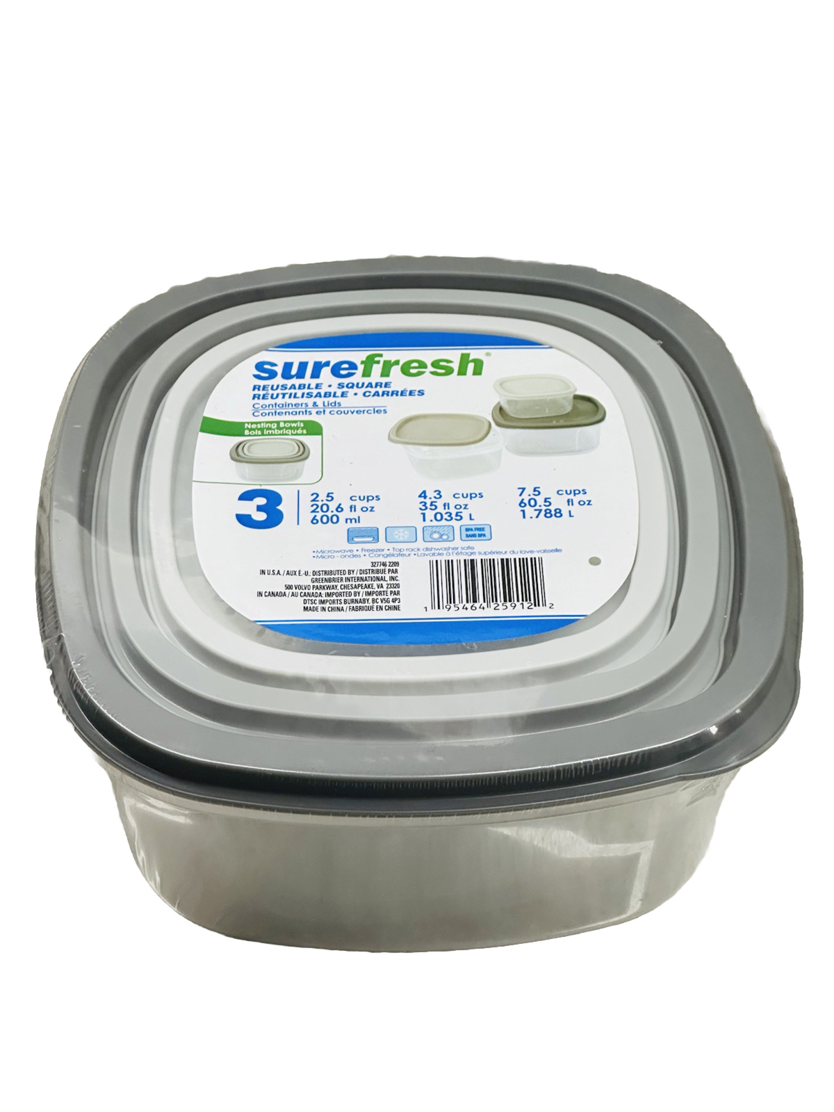 Sure Fresh Square Containers & Lids 3 Pack (20.6 oz, 35 oz & 60.5 oz)1 Pack gallery