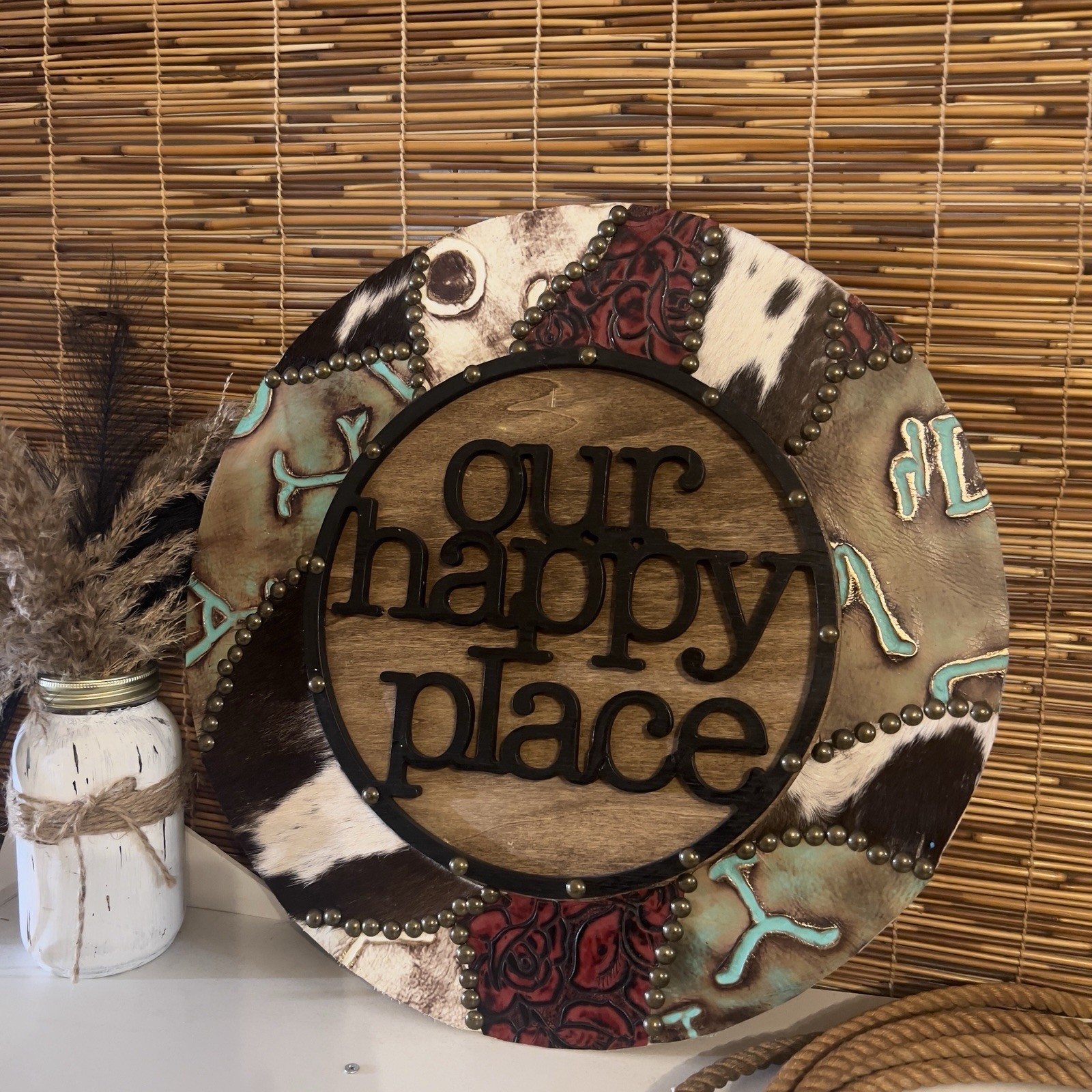 Rustic Wood Round Decorative Leather Wall Hanging Our Happy Place Hair On The Hi gallery