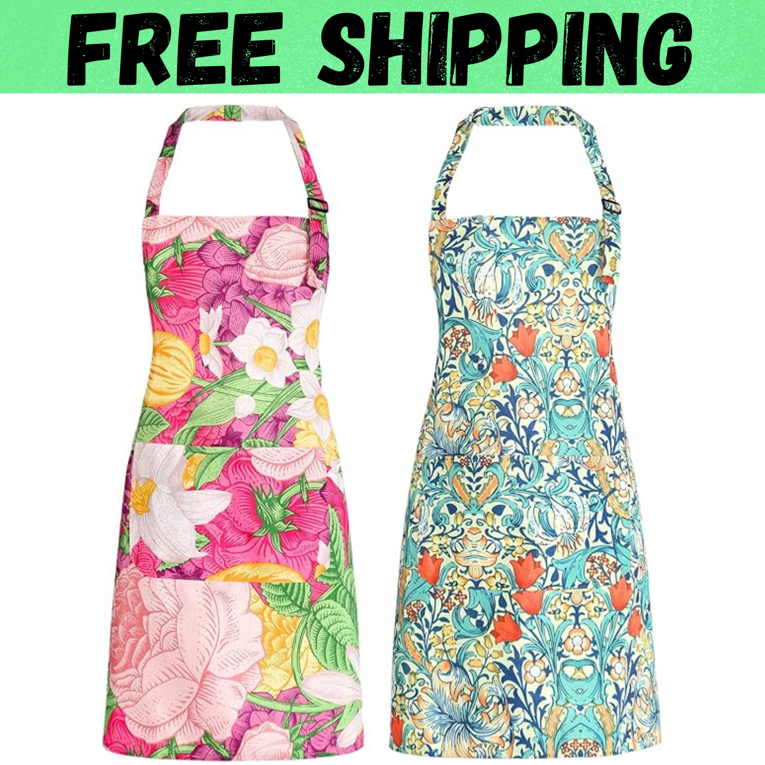 2 Pack Floral Aprons with Pocket Adjustable Kitchen Cooking Aprons for Women gallery
