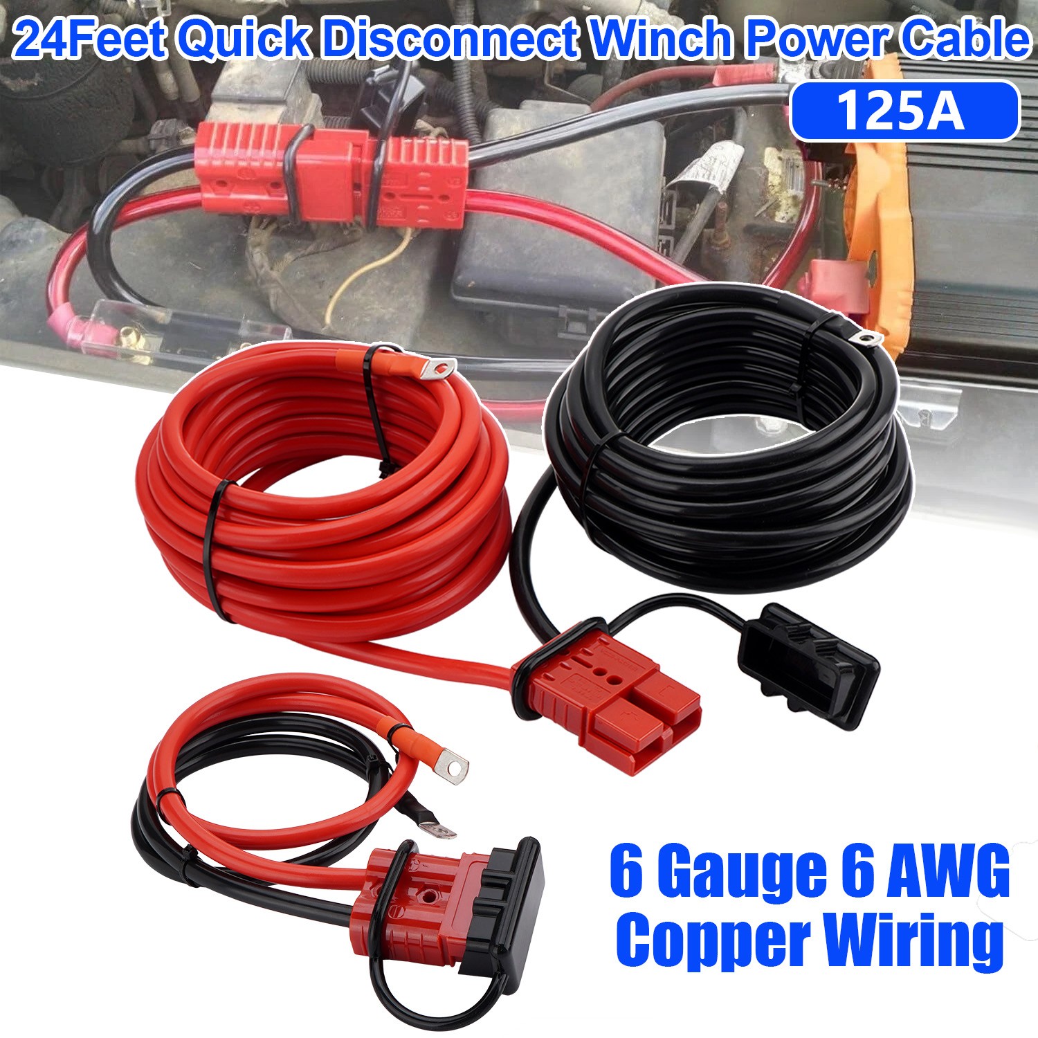 24 Feet & 125A Quick Disconnect Winch Power Cable 6 Gauge 6 AWG Copper Wiring US gallery