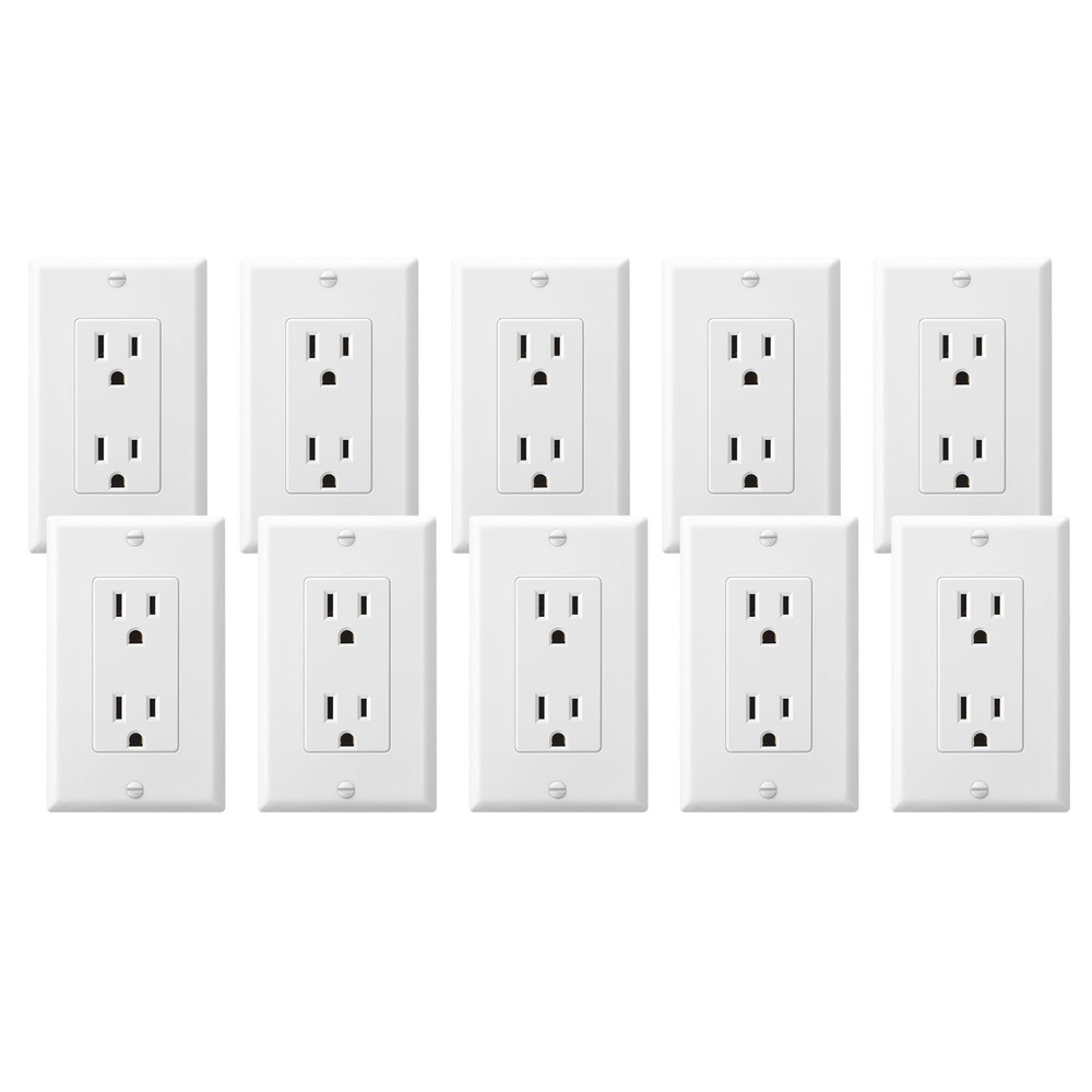 10 Pack Standard Electrical Outlet 15A Decorator Receptacle w/ Wall Plate White
