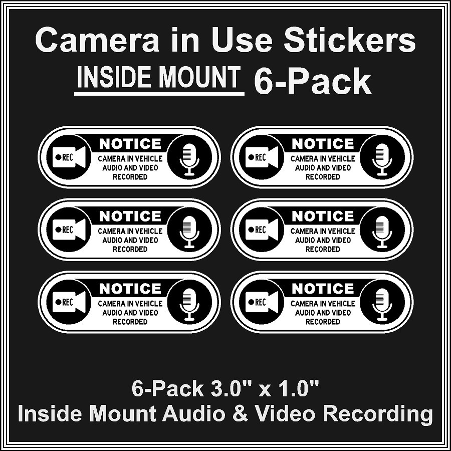 Camera in Car Recording Video 6-Pack INSIDE MOUNT Decals White Black 3.0" x 1.0" gallery