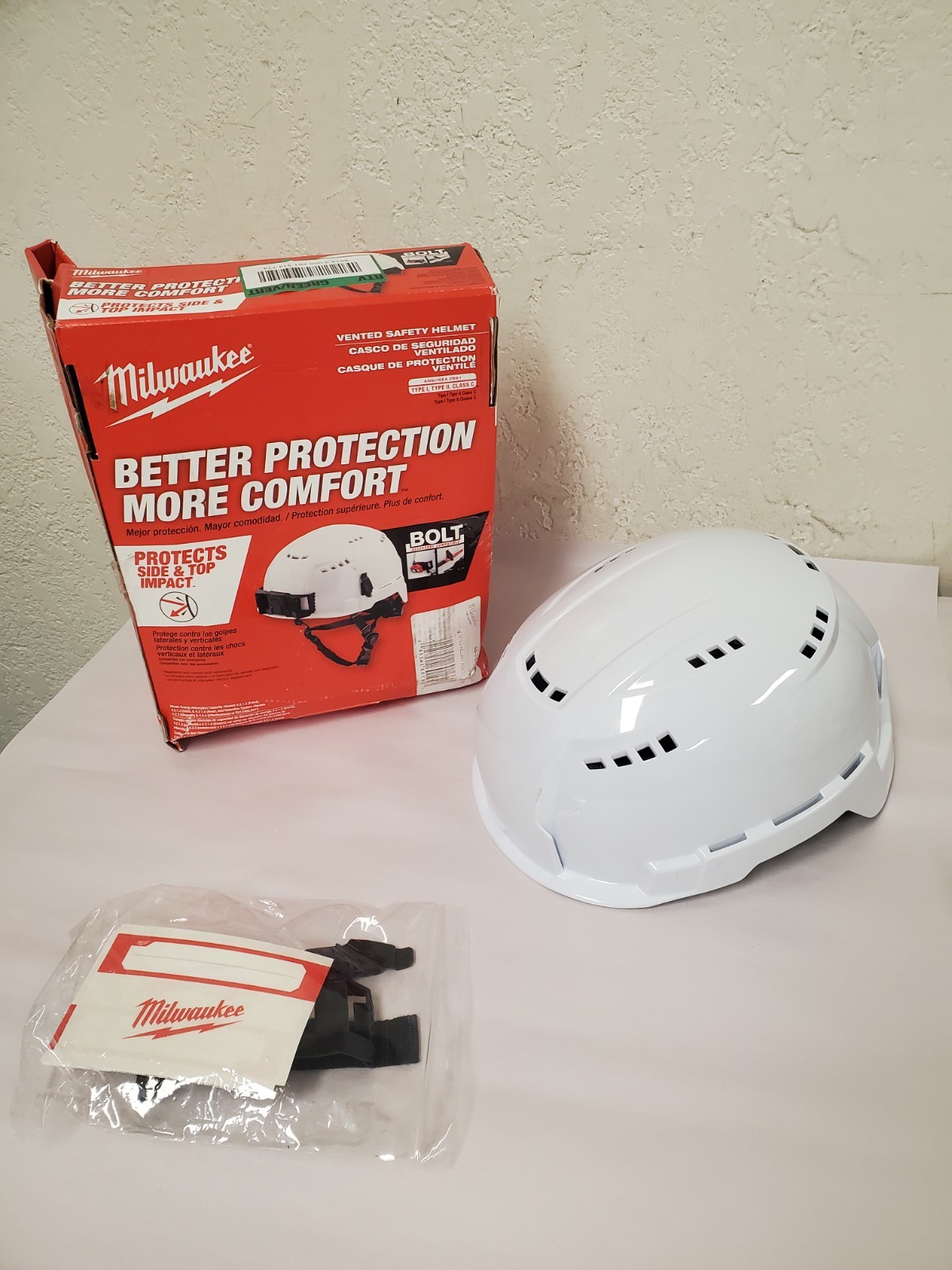 *NO CHIN STRAP* Milwaukee BOLT White Type 2 Class C Vented Safety Helmet gallery