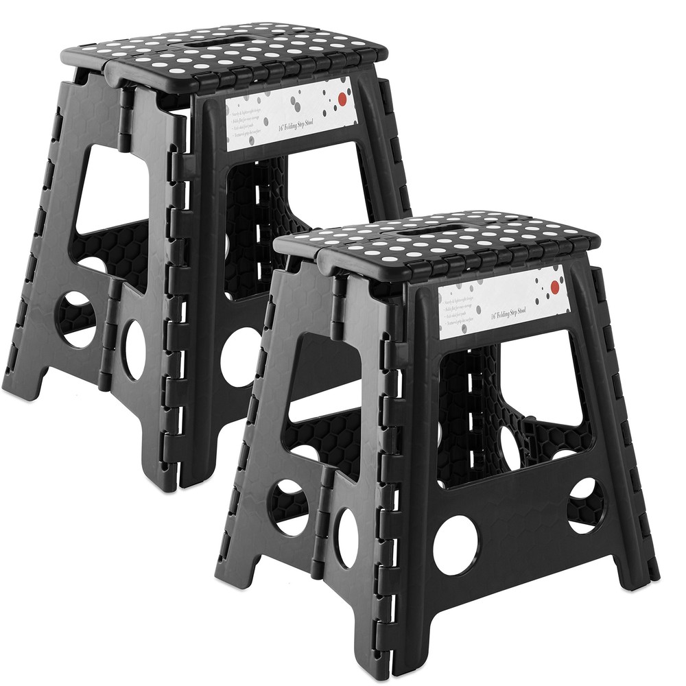 2 Pack - 16" Folding Plastic Step Foot Stools with Handle - Black