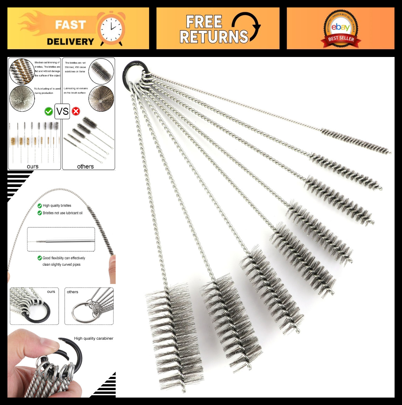 12" Pipe Cleaning Brush Set - Stainless Steel Bristles, 8 Sizes for Bottles, Tub gallery