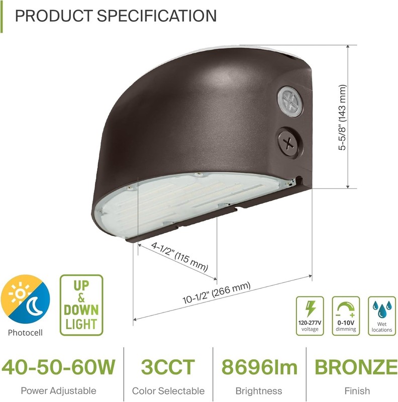 ASD 40/50/60W LED Wall Pack Light Round with Dusk to Dawn Photocell, Up & Down gallery