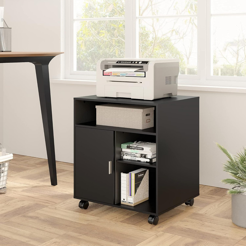 Printer Stand with Storage Adjustable Shelves, Wood Mobile Cart with Door, Rolli gallery