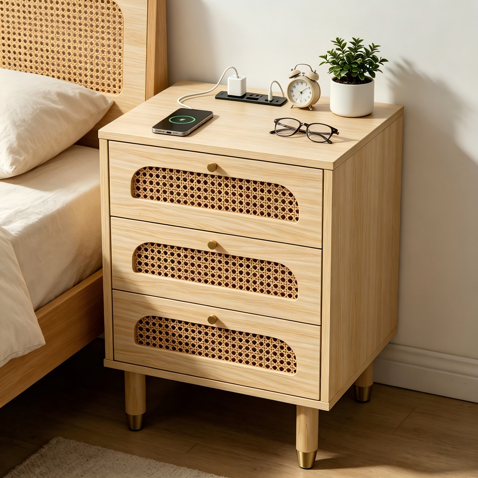 3-Drawer Nightstand with Rattan-Style Finish with Power Outlet Oak gallery