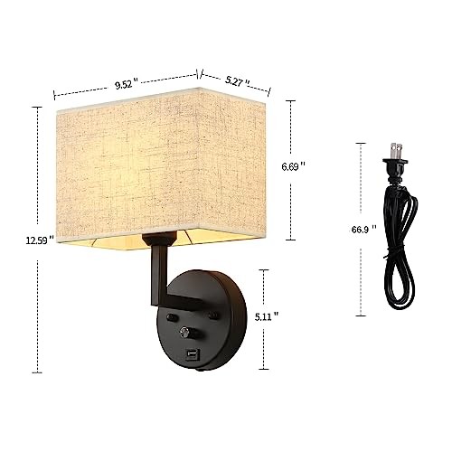Plug in Wall Sconce with Dimmer Switch and USB Port，9.5“Rectangular Linen Black gallery