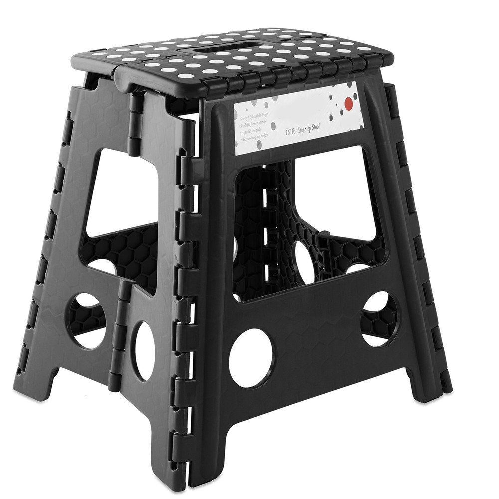16" Folding Plastic Step Foot Stool with Handle - Black