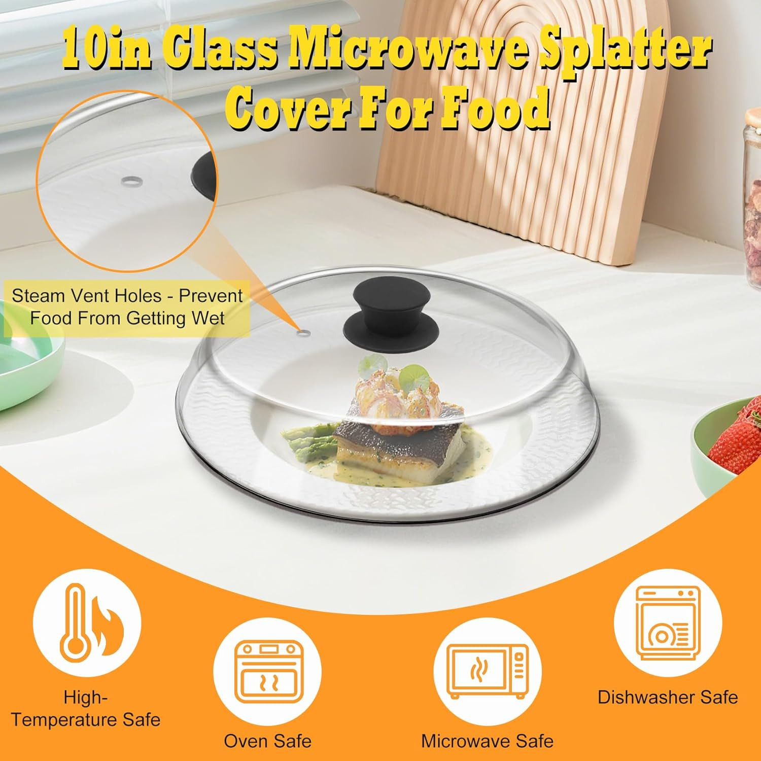 10In Glass Microwave Splatter Cover Food Silicone Mat Plate Lid Vent Holes Grade gallery