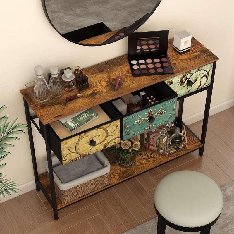 Entryway Console Table Rustic Brown Boho Sofa Table 3 Fabric Drawers Shelf gallery