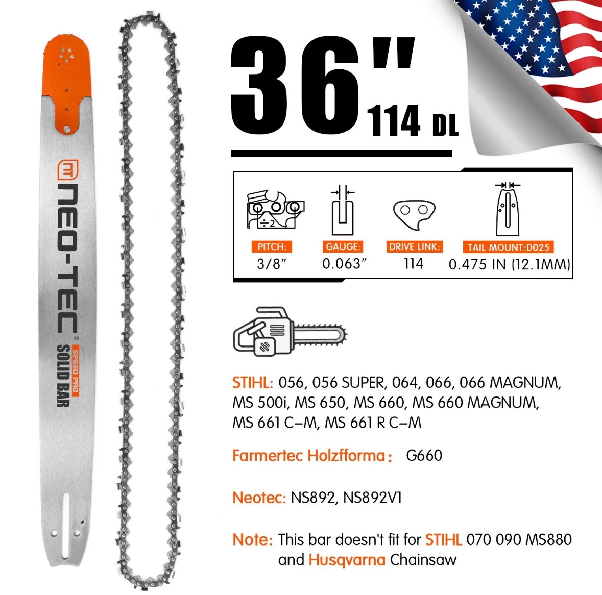 36'' Chainsaw Guide Bar 3/8" 0.063" 114DL SawChain For Farmertec Holzfforma G660 gallery