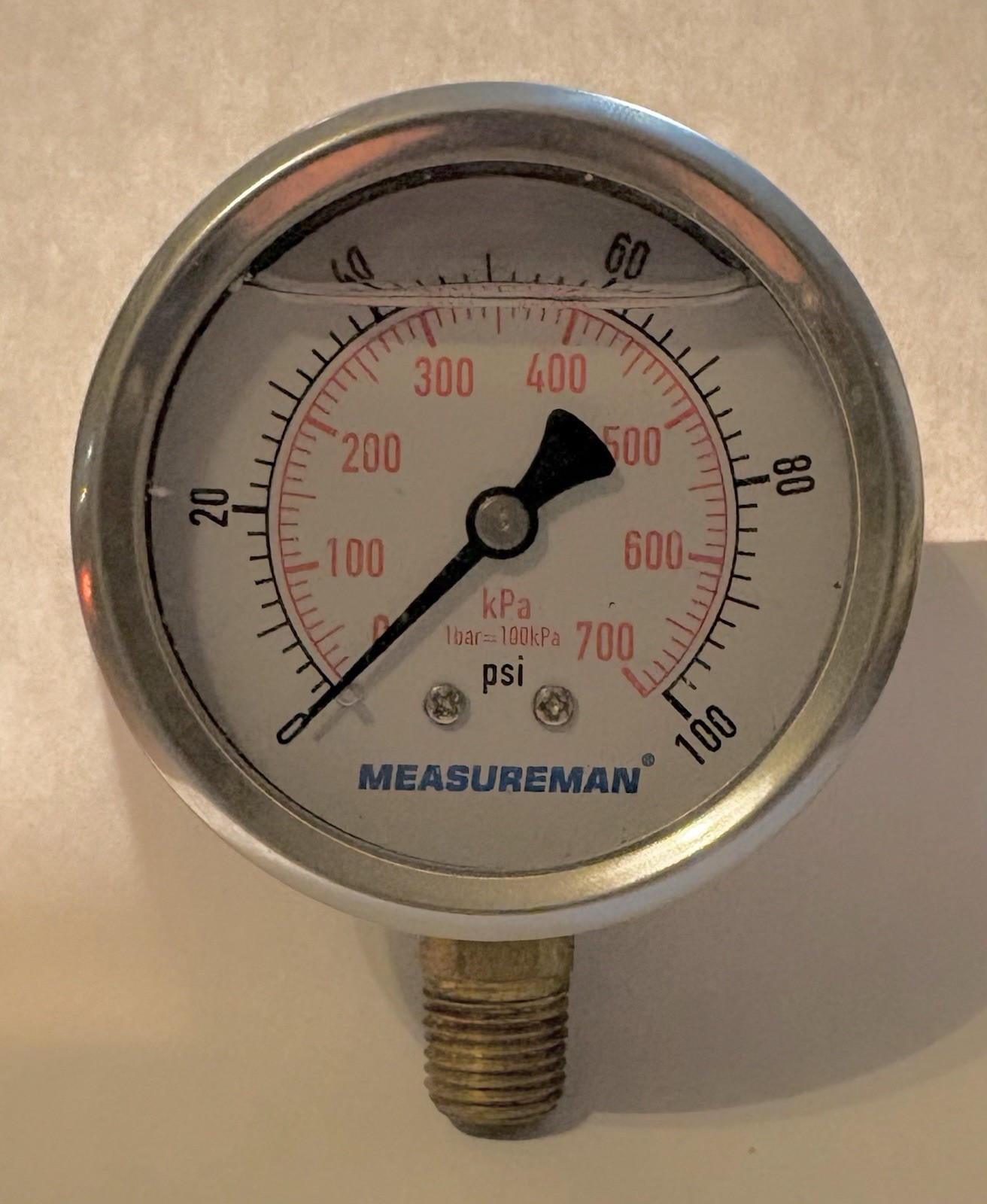 MEASUREMAN LIQUID FILLED 0-100 PSI PRESSURE GAUGE - 1/2" THREAD gallery