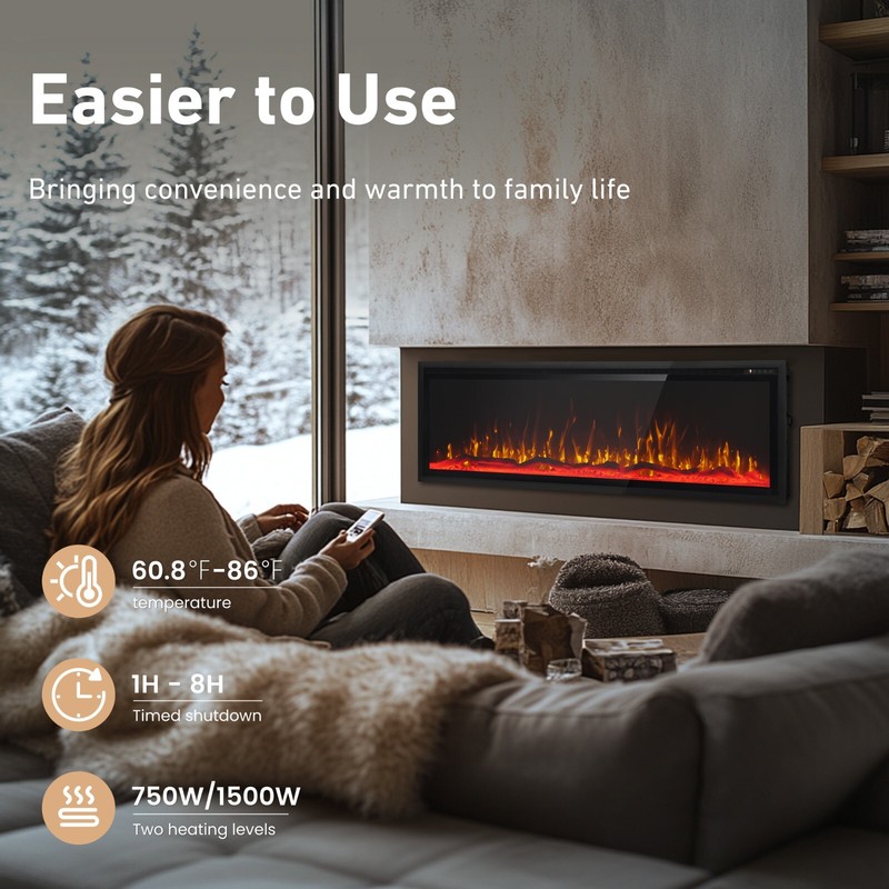 60" Thin Electric Fireplace Wall Mounted Recessed Fireplace Heater Log & Crystal gallery