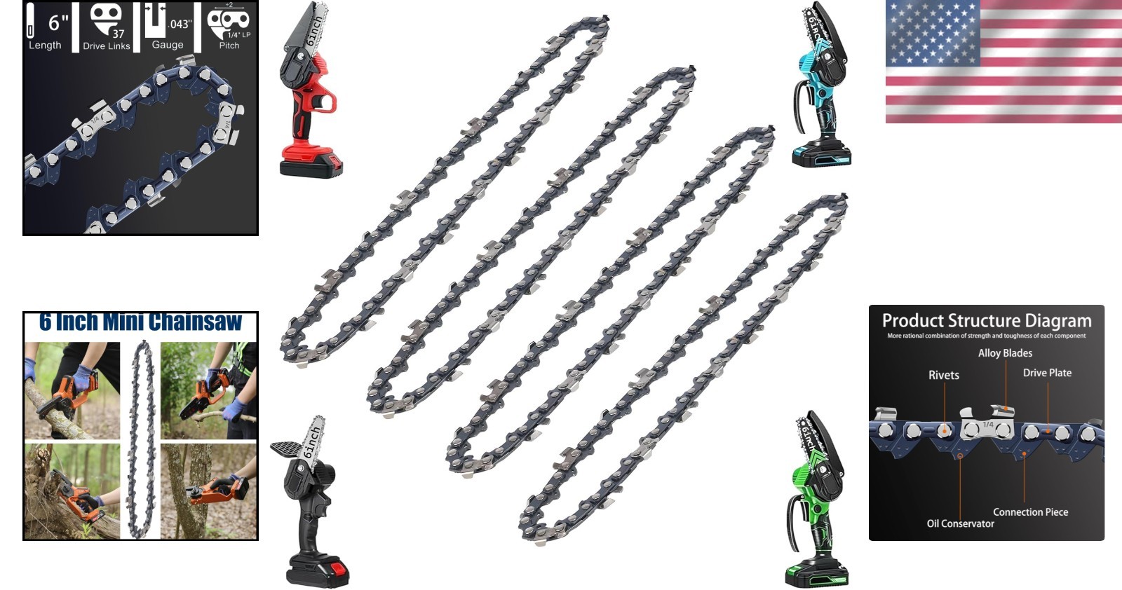 Durable 6" Mini Chainsaw Chain - 37 Drive Links in 4-Pack for Effortless Cutting gallery