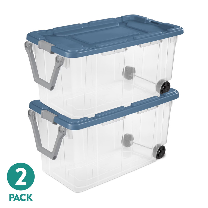 Sterilite 160 Qt Wheeled Rugged Storage Bin Latching Lid Clear Blue 2 Pack gallery