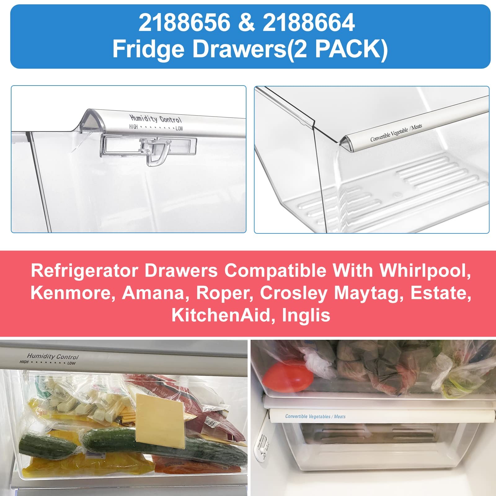 2 Pack Upgraded 2188656 Fridge Crisper Drawer UPPER Humidity Control Drawer &... gallery