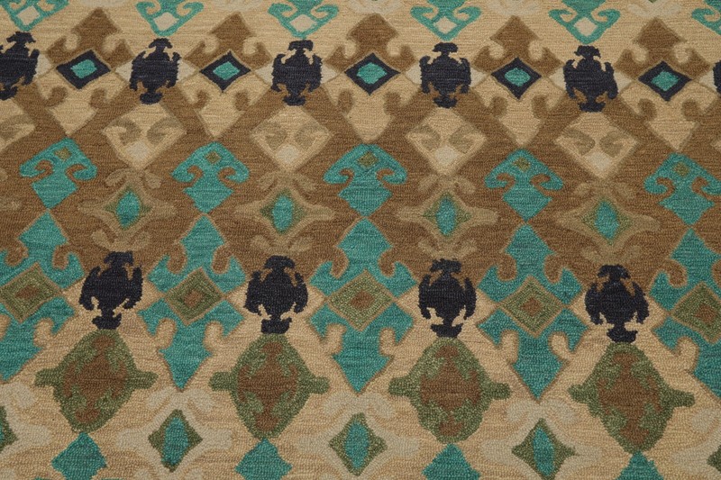 Multi Sizes Handmade 100% Wool Modern Loop & Cut Pile Area Rug Beige Turquoise gallery