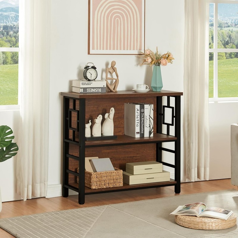 3 Tier Bookshelf Rustic Brown Engineered Wood Metal Storage Bookcase Low gallery