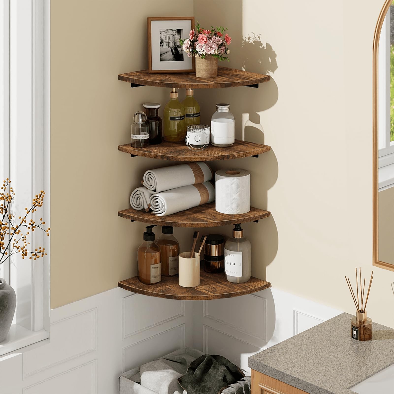 Corner Wall Shelf, 12 Inch Wide Round Corner Floating Shelves with Cord Hole,... gallery