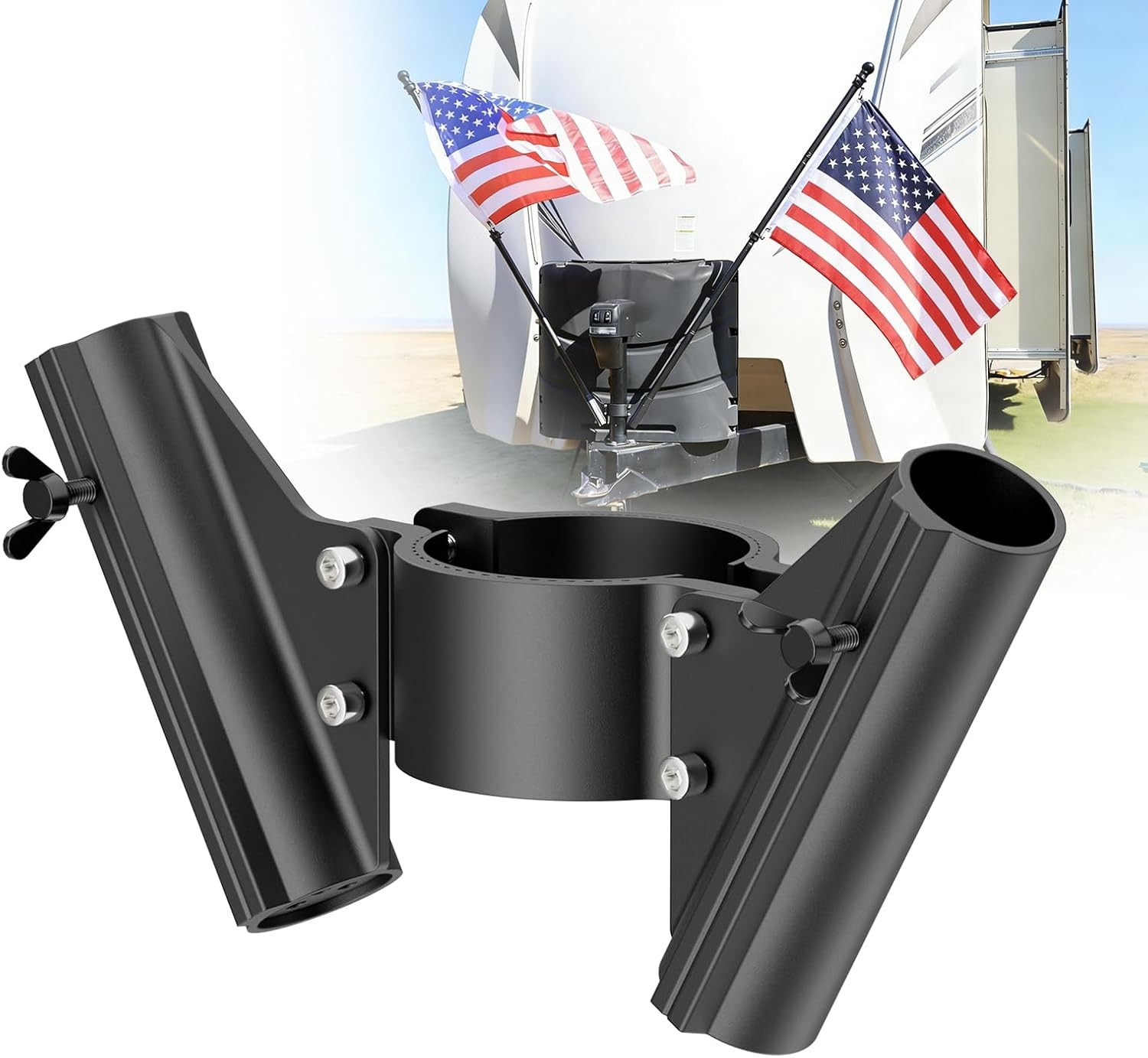 RV Dual Flag Pole Mount for 2"- 2¼" Tongue Jack Aluminum Camper Flagpole Holder gallery