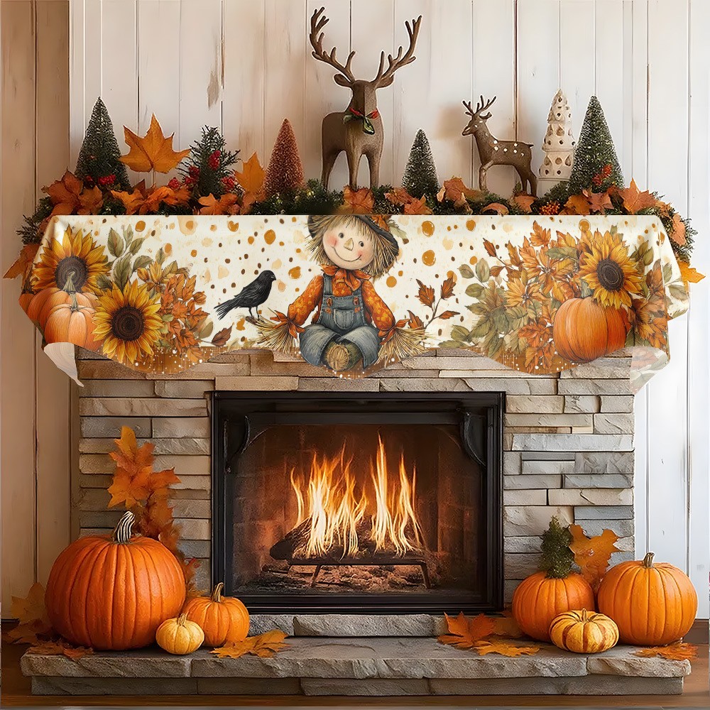 Fall Scarecrow Fireplace Mantel Scarf Sunflower Pumpkin Harvest Autumn Decor gallery