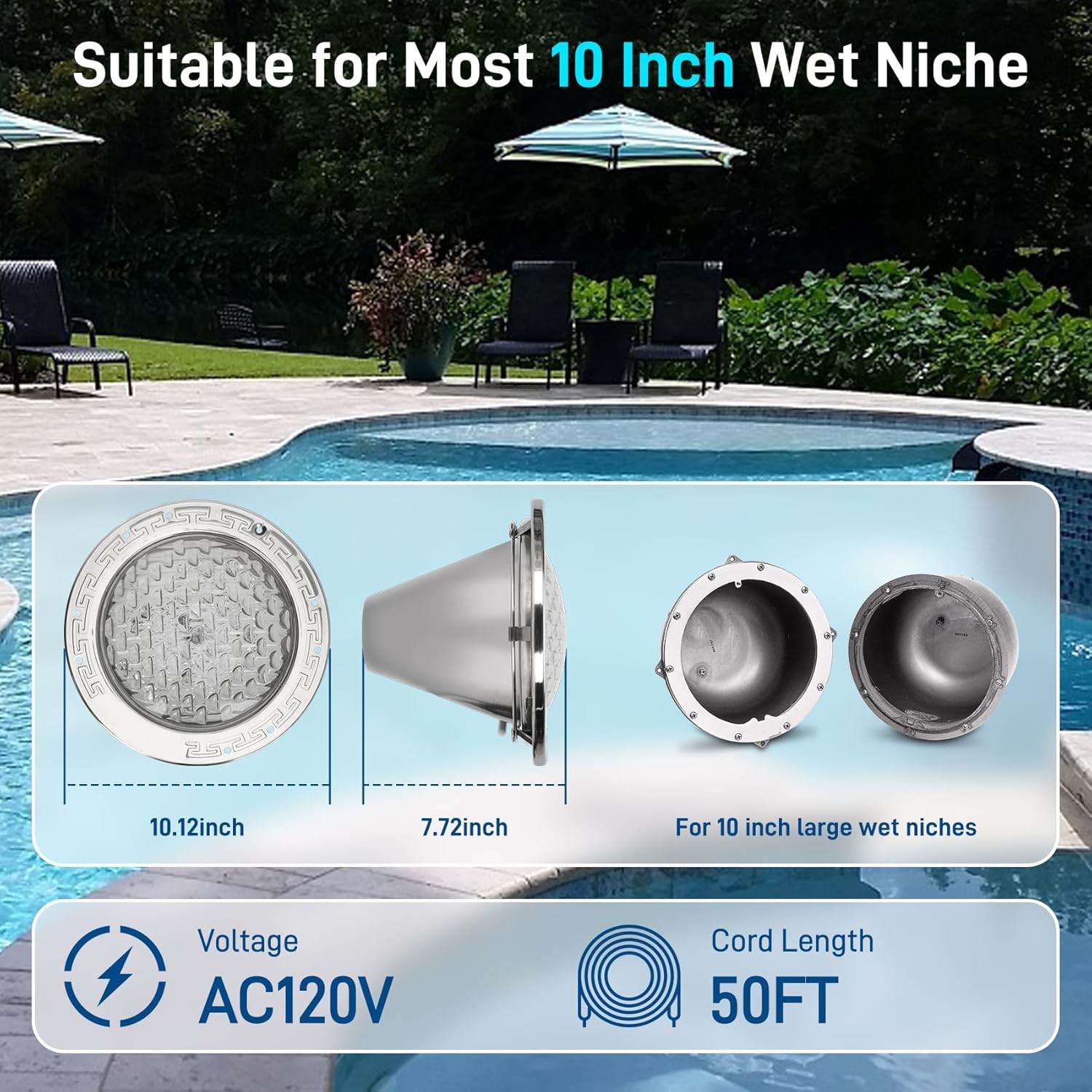 LED Pool Light 10 Inch for Inground Pool White AC120V Underwater Replacement gallery