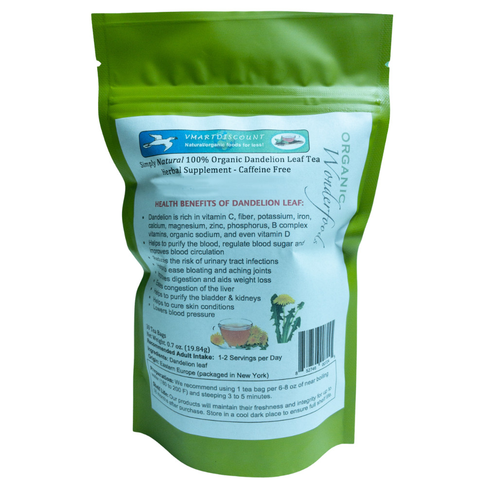 Organic Dandelion Leaf (Diente de Leon) Premium Herbal Tea 30 Bags Caffeine Free