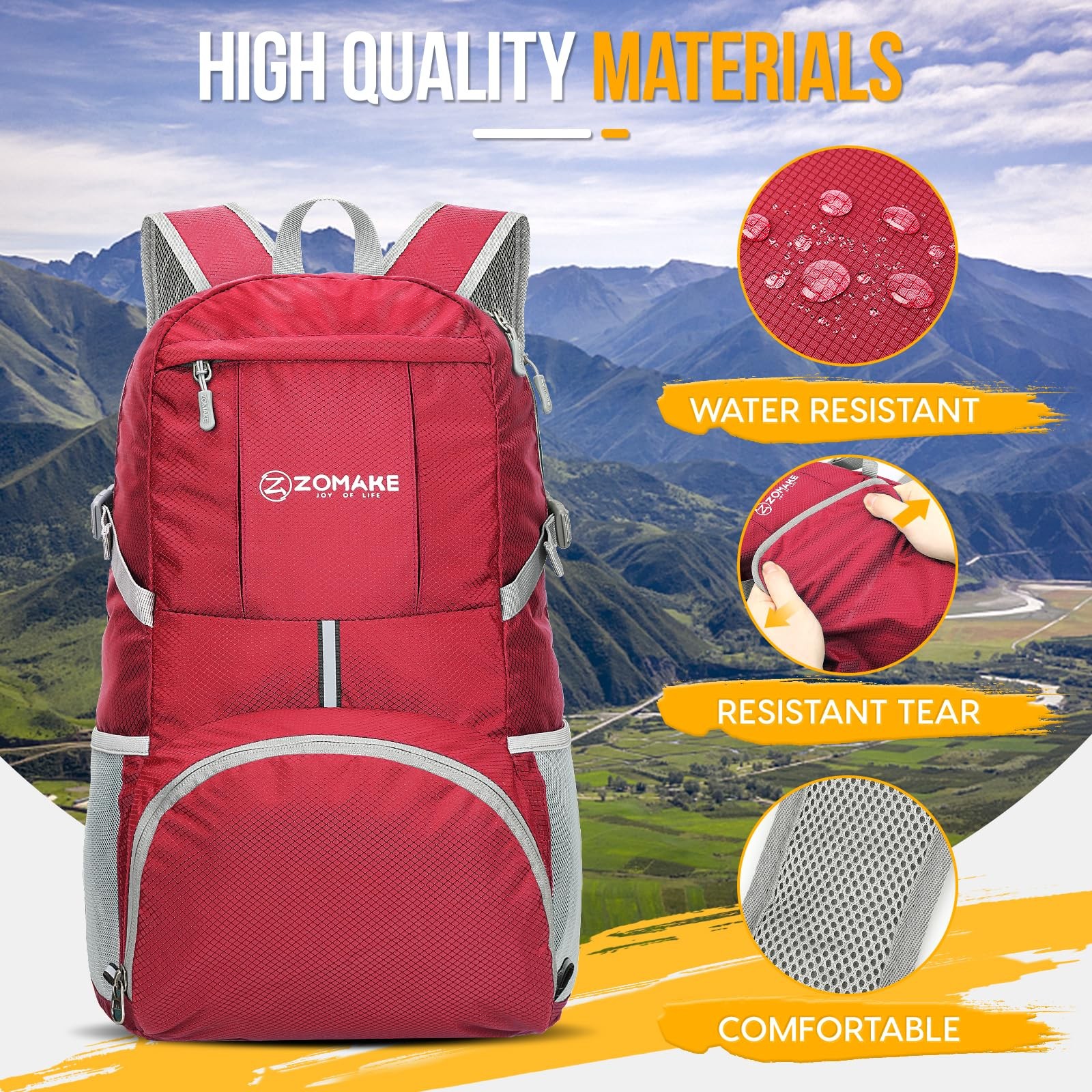 Lightweight Packable Backpack 35L Foldable Water Resistant Hiking Bag Red 5