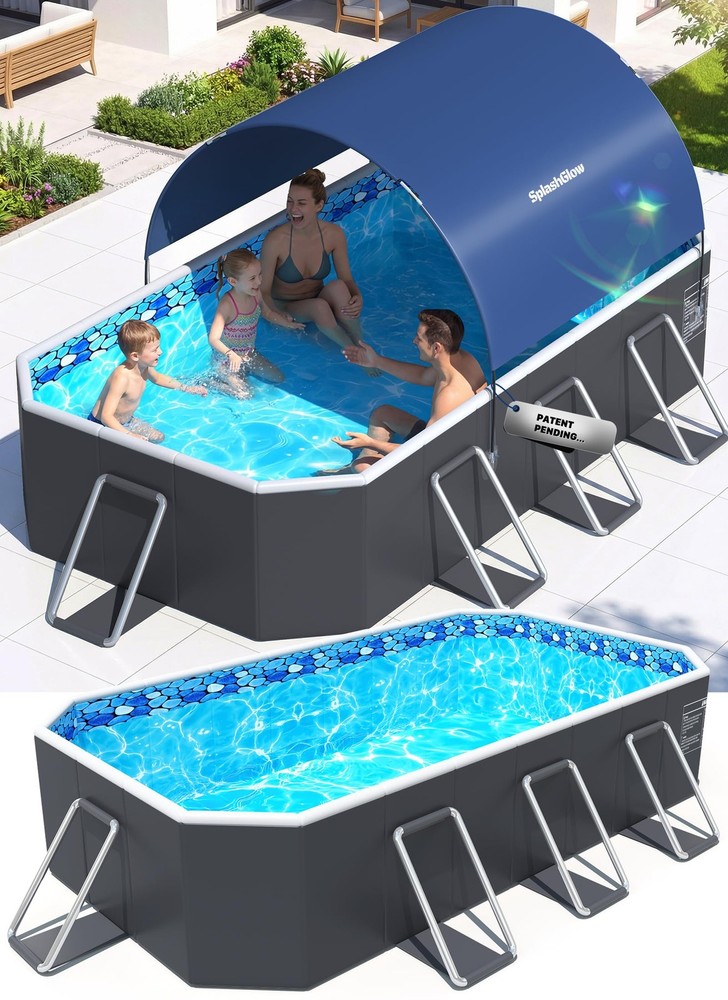 Foldable Pool Non Inflatable Large Pool with Canopy, 90x50x20 Inches