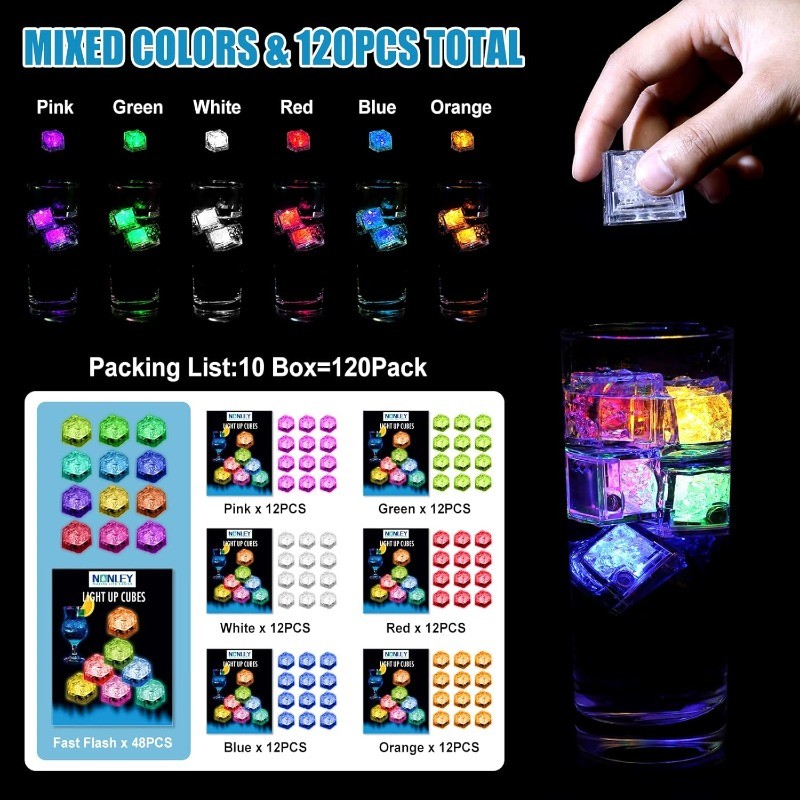 Light Up Ice Cubes for Drinks, Multicolor Fast Flash + Solid Color Pink + Green gallery