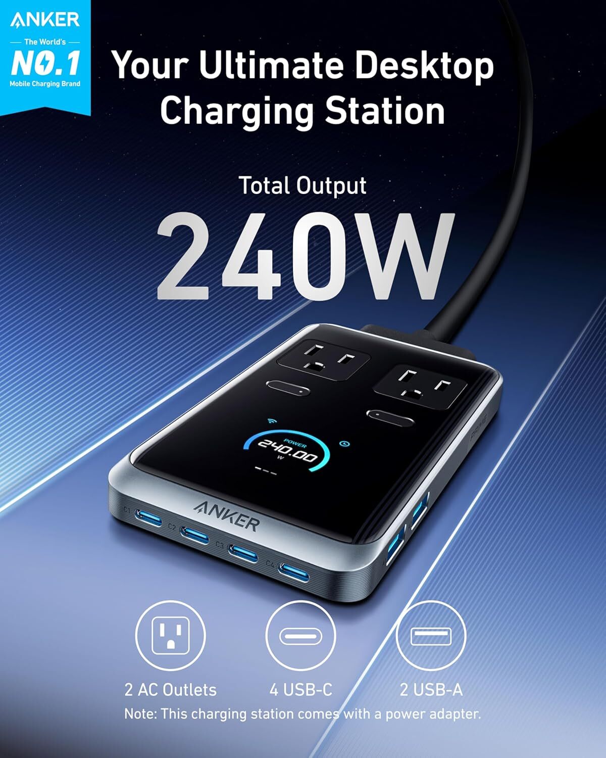 Anker Prime Charging Station 240W 8-in-1 USB C Power Strip 2-AC Ports 5ft Cord gallery