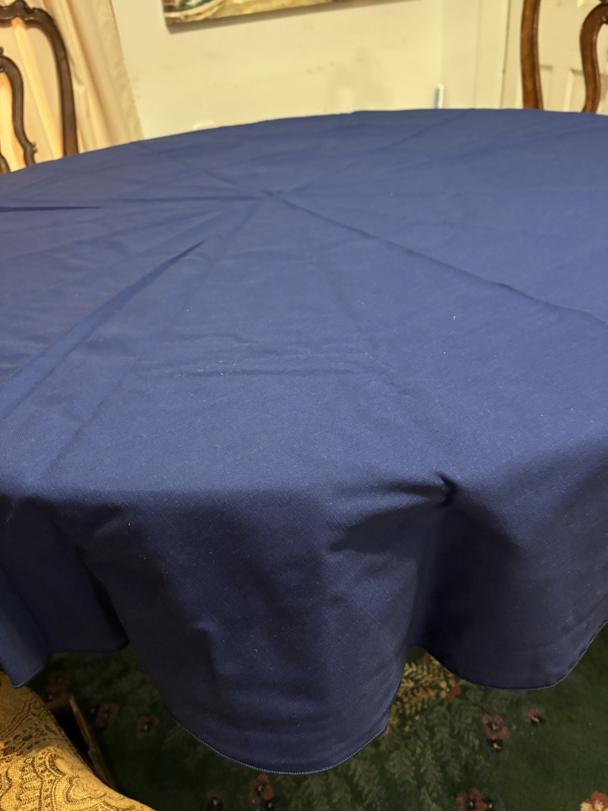 Round Blue Tablecloth 68 Inches Rolled Him Poly Cotton Blend gallery