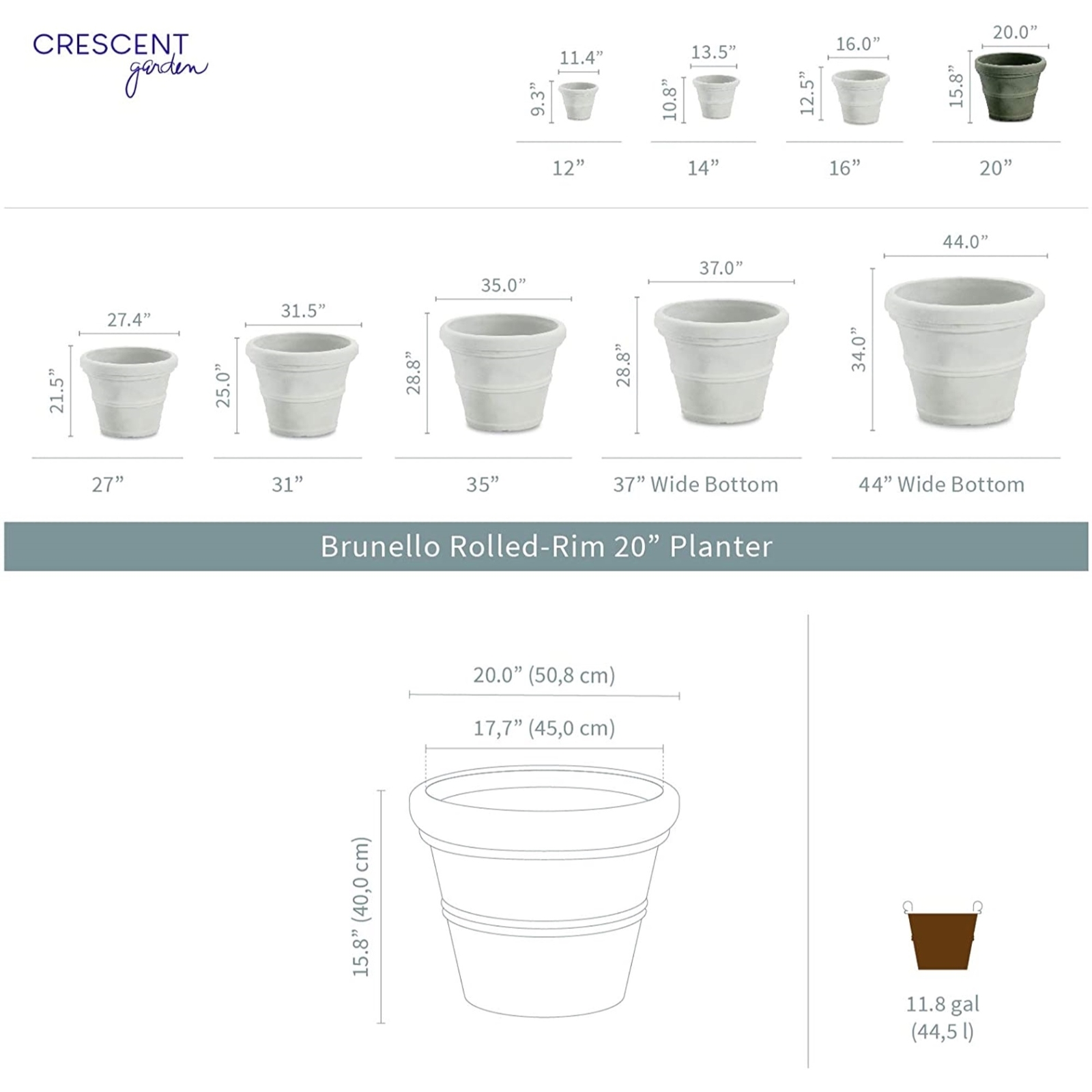 Crescent Garden Brunello Classic Rolled-Rim Planter, Weather Terracotta 20" gallery