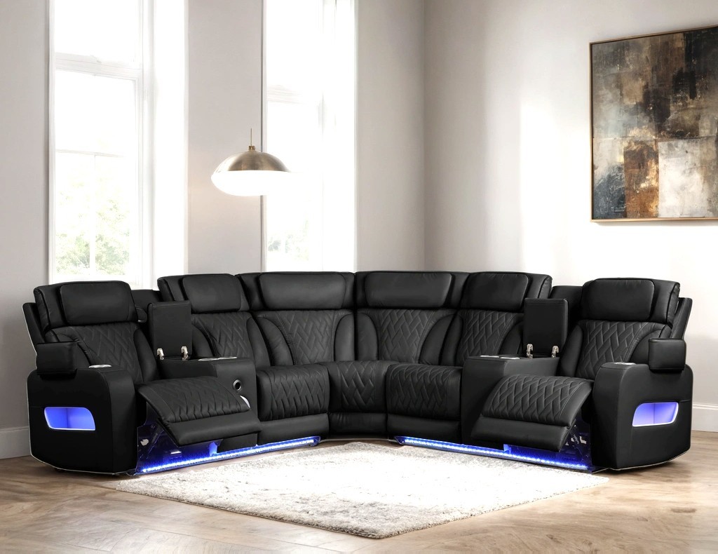 NEW 115" Wide LED Sectional Power Recliner & Adj Headrest w/ BT Speaker Black gallery