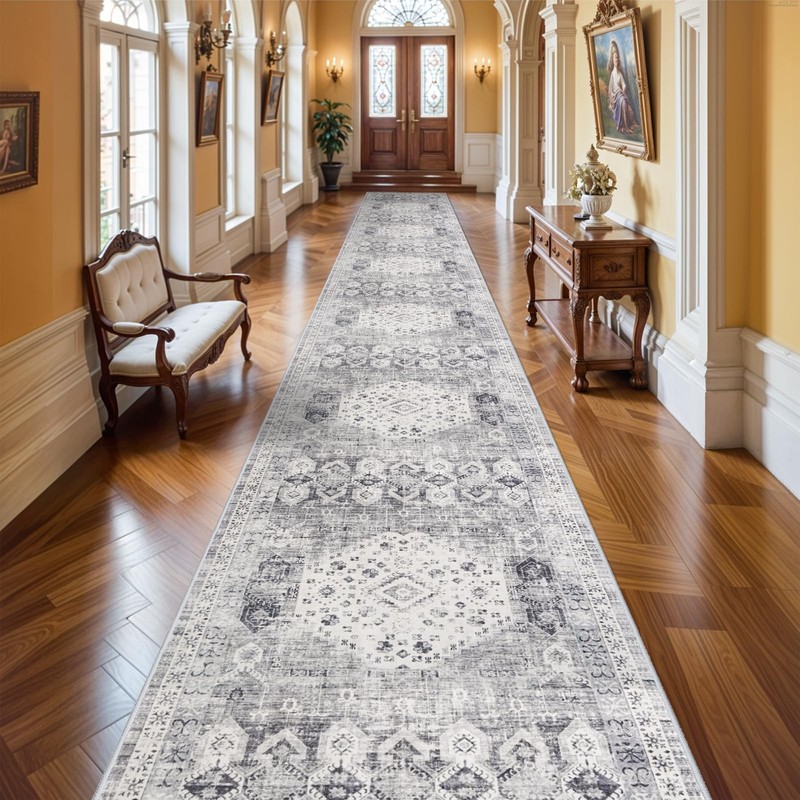 RUUGME 3x20 Washable Runner Rug - Extra Long Vintage 3' x 20' (Runner), Grey gallery