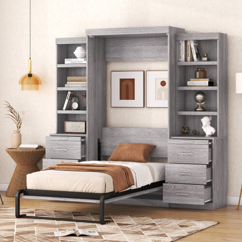 Murphy Wall Bed with Storage Drawer & Bookshelves Cabinet Bed Twin Full Size Bed gallery