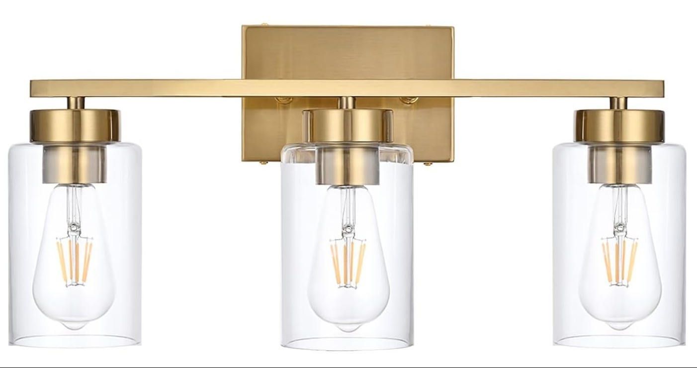 3-Light Bathroom Vanity Light Brushed Gold with Clear Glass Shades gallery