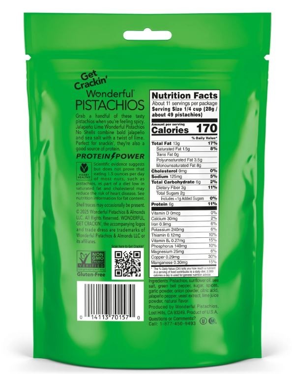 Wonderful Pistachios, No Shells Jalapeño Lime Nuts, 11 Ounce Bag,New gallery