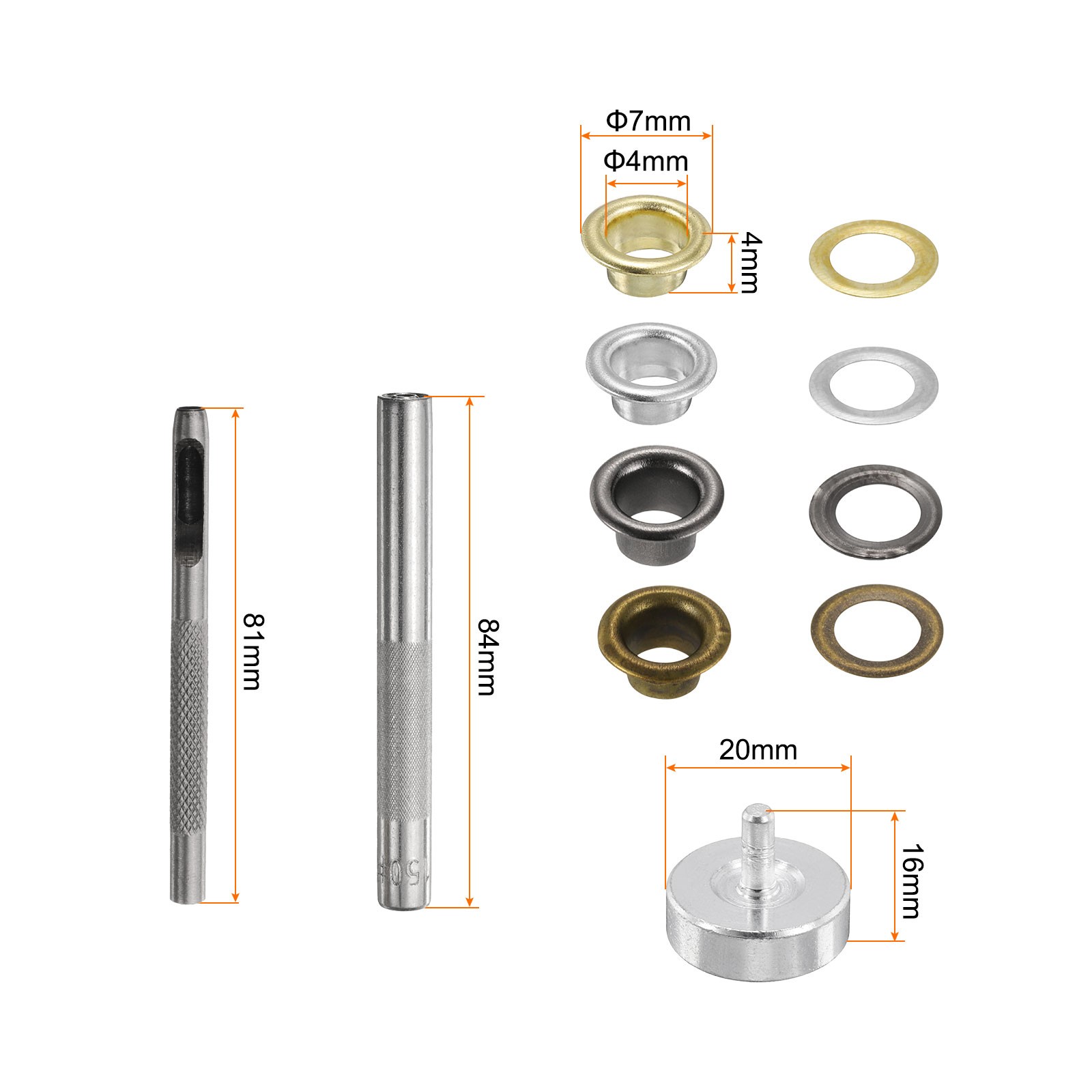 Grommet Eyelet Kit 800pcs 4mm Inner Dia with Tool, Gold,Silver,Gunmetal,Bronze gallery