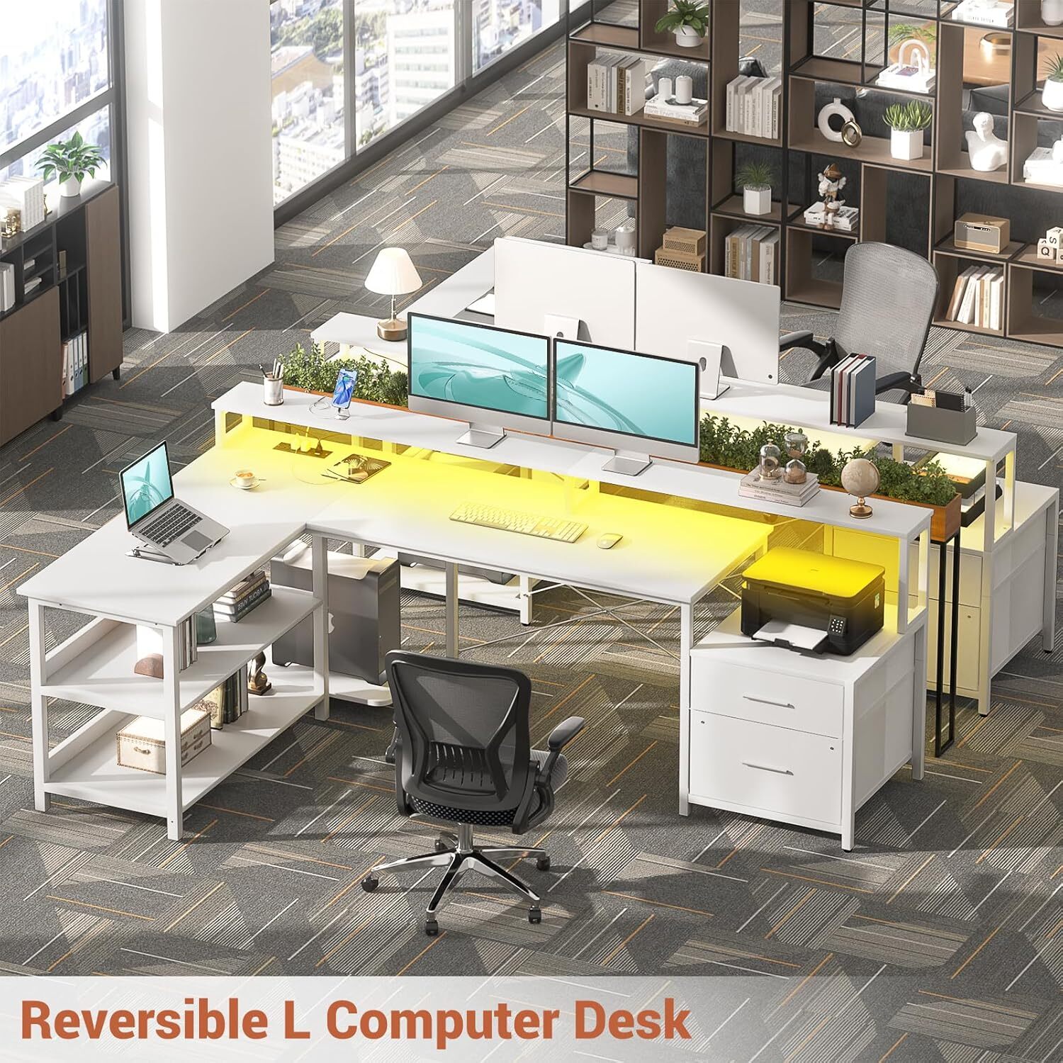 73" L Shaped Computer Desk with Fabric File Drawer & Monitor Stand ＆ LED ＆Outlet gallery
