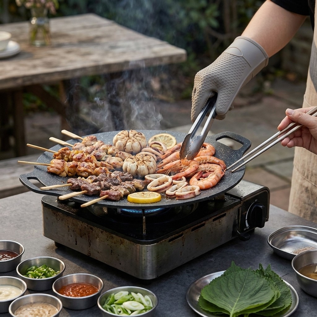 11 Inch Round Cast Iron Korean BBQ Griddle Pan Non-Stick with Handles gallery