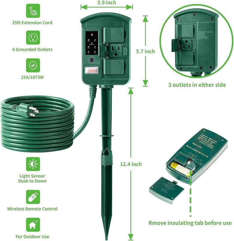 Outdoor Power Stake Timer Extension Cord Waterproof 6 Outlets Remote Control 25' gallery