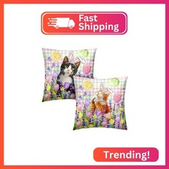 Kwlegh Spring Easter Pillow Covers 24×24 Set of 2 Lovely Cow Cat and Ginger Cat