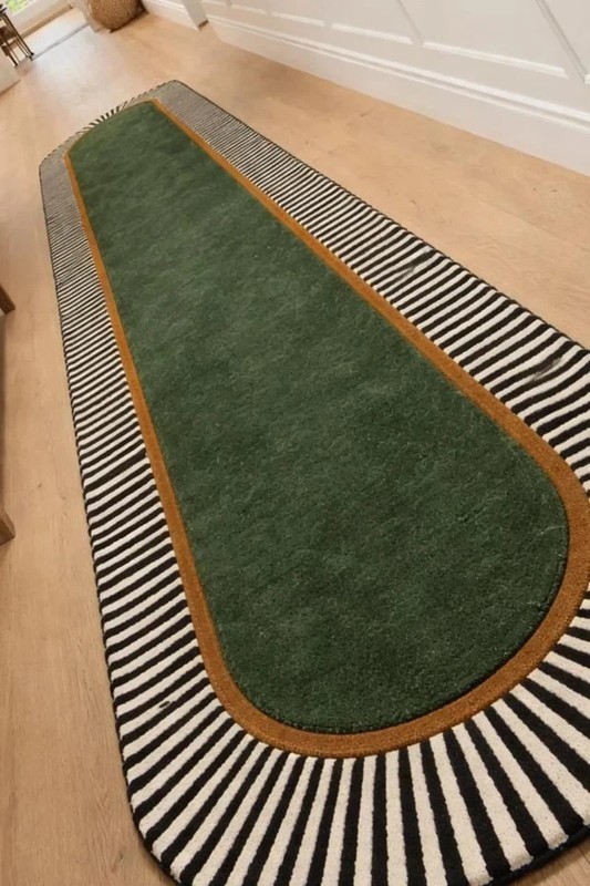 Hand-Tufted Modern Runner Carpet with Green Center & Striped Border gallery