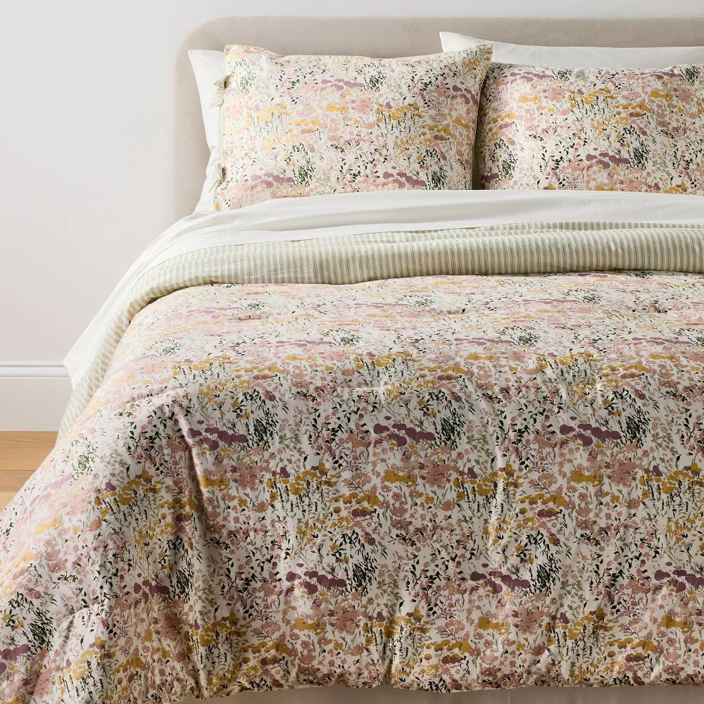 2pc Twin/Twin Extra Long Reversible Floral and Stripe Comforter Set Pink/Green - gallery