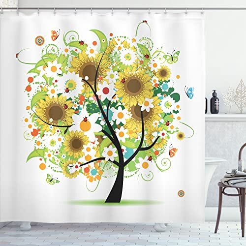 Sunflower Shower Curtain, Floral Tree with Daisies 69" W x 70" L Green Black gallery