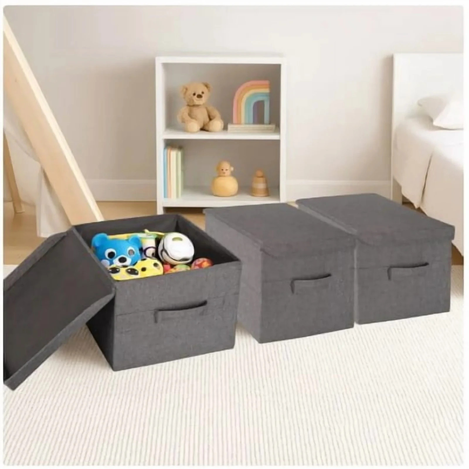 Allspace Collapsible Stackable Fabric Storage Organizer Lids 3Pk Handles Gray gallery